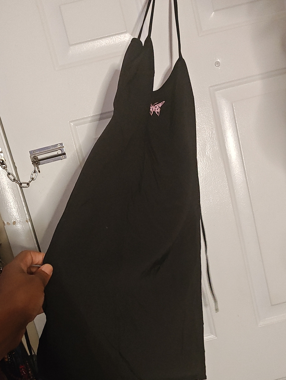 Divided Black Backless Dress with Pink Butterfly Accent